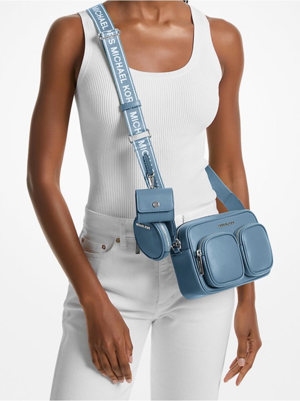 MICHAEL KORS JET SET LEATHER MEDIUM CROSSBODY WITH CASE FOR APPLE AIRPODS PRO - Picture 3 of 13